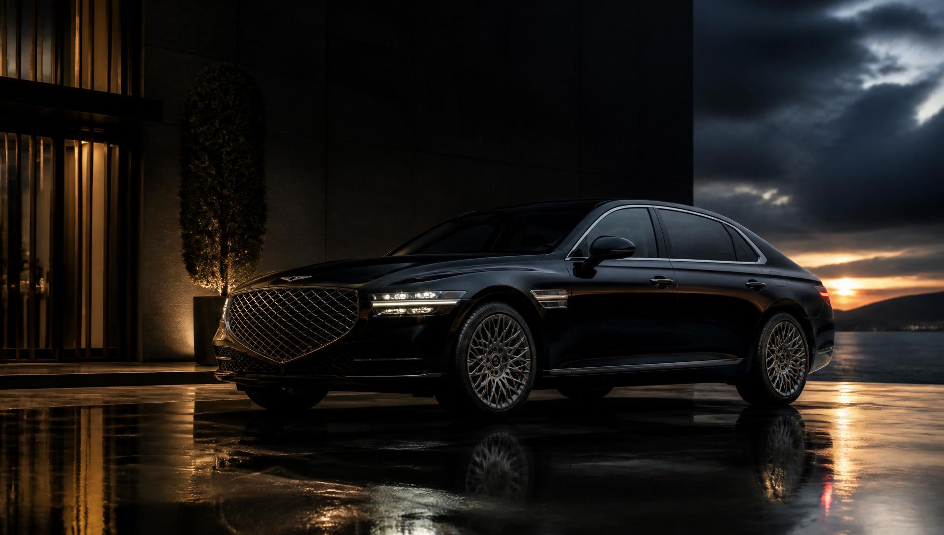 Premium black luxury sedan at dusk on a reflective driveway